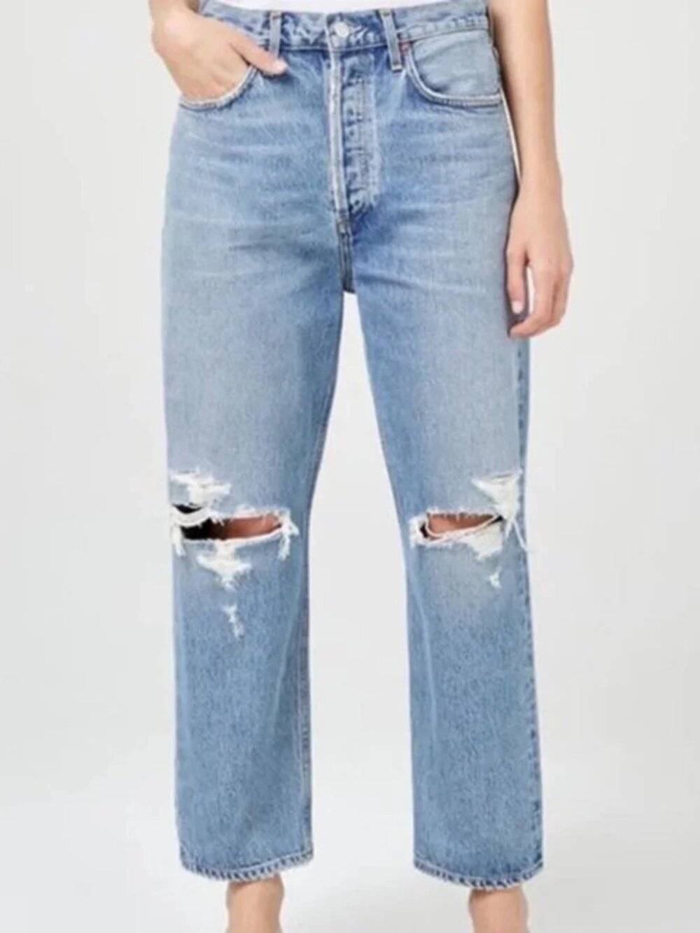 AGOLDE Riley Distressed Ripped Straight Leg Jeans Crop Light Wash Size 28
